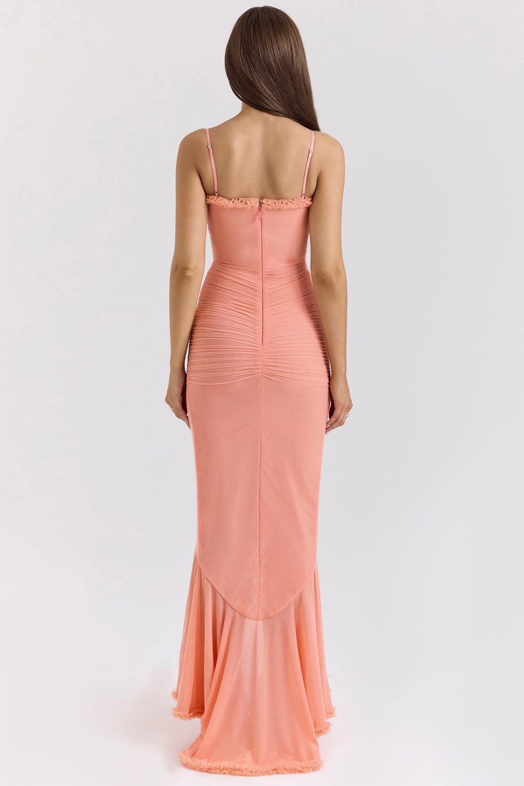 peach mesh ruffled front gown