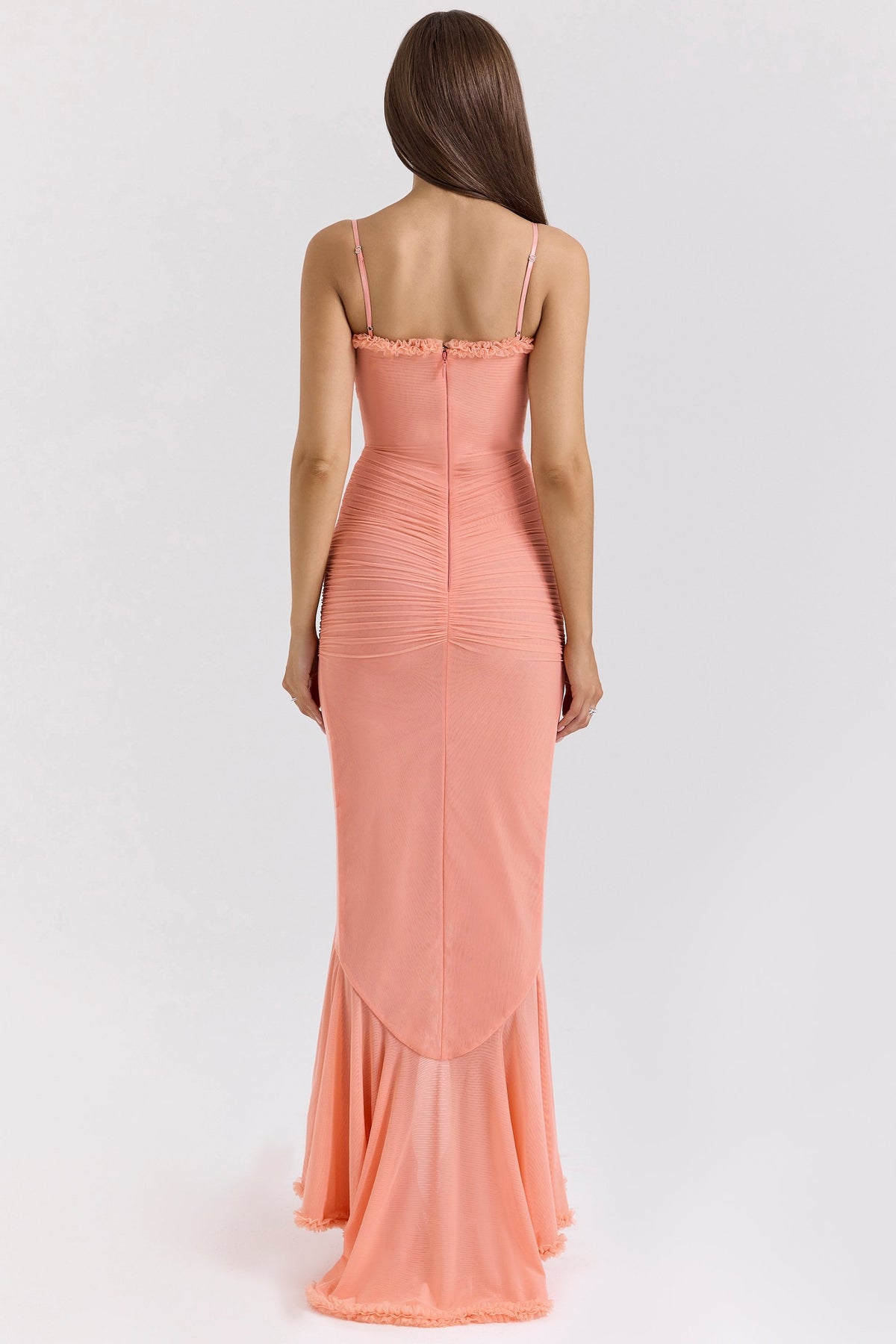 peach mesh ruffled front gown