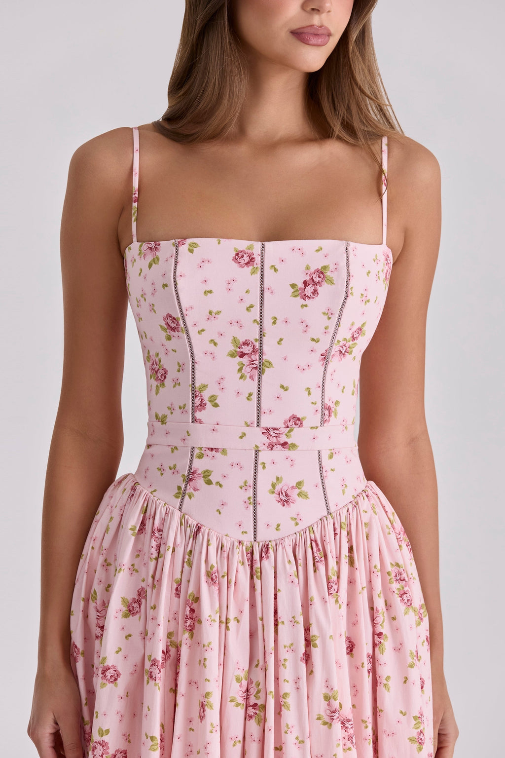pink vintage rose print cotton midi sundress