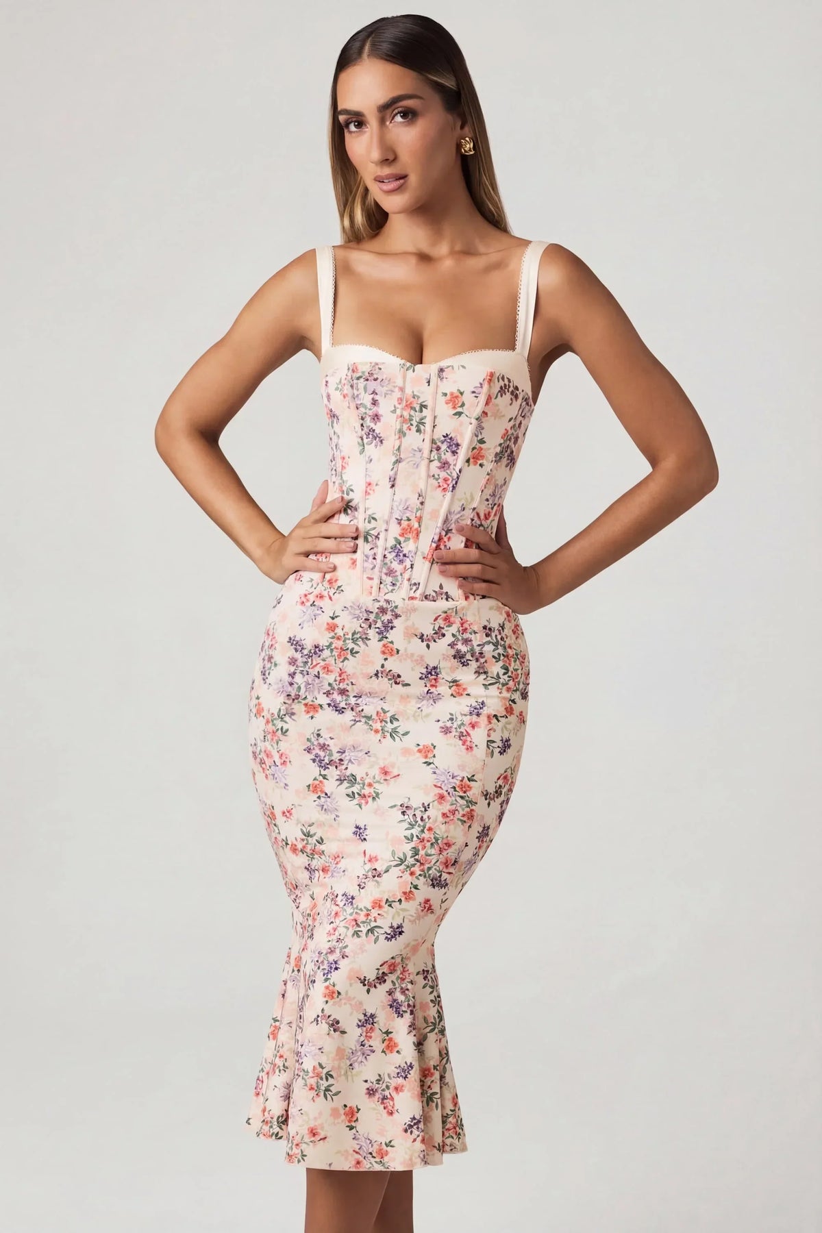 Layered Bra-Detail Fishtail Midaxi Dress in Primrose Floral Print