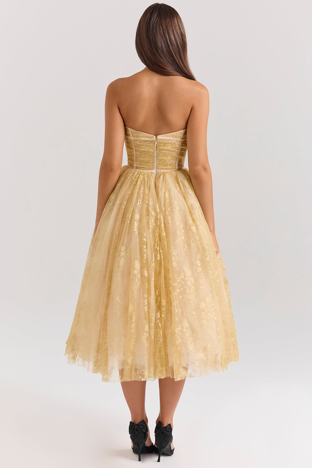 gold metallic lace tulle midi gown