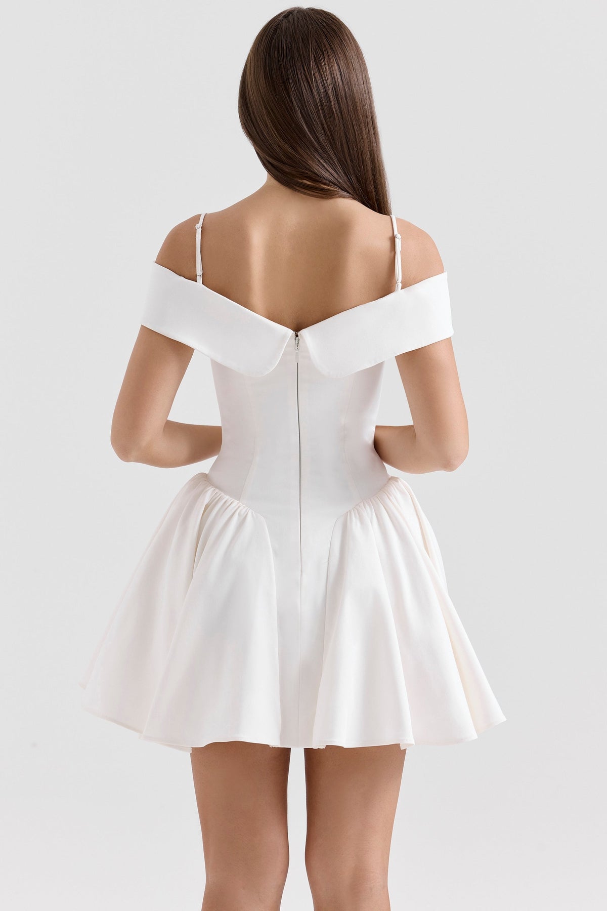 white twill off shoulder mini dress