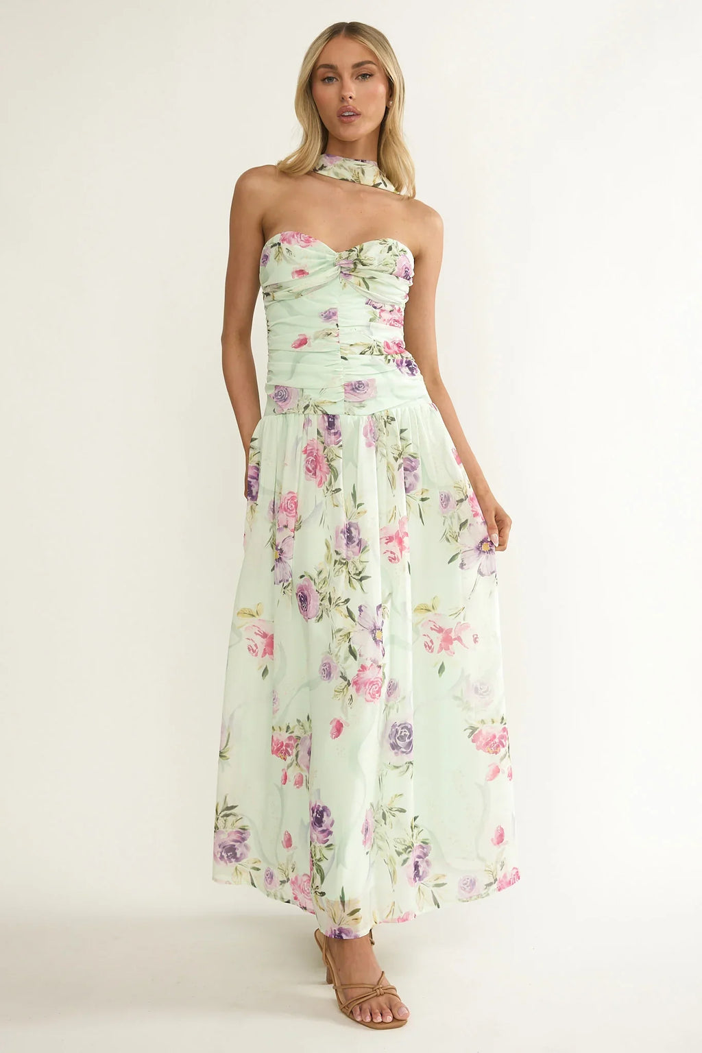 Novarra Twist Bust Strapless Maxi Dress Floral Mint