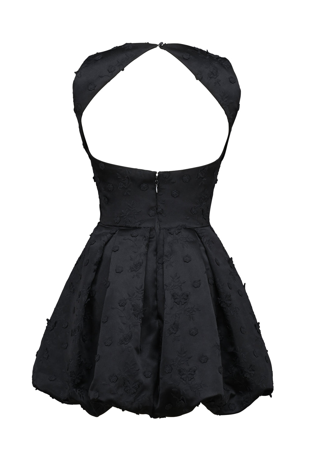 black backless embroidered mini puffball dress