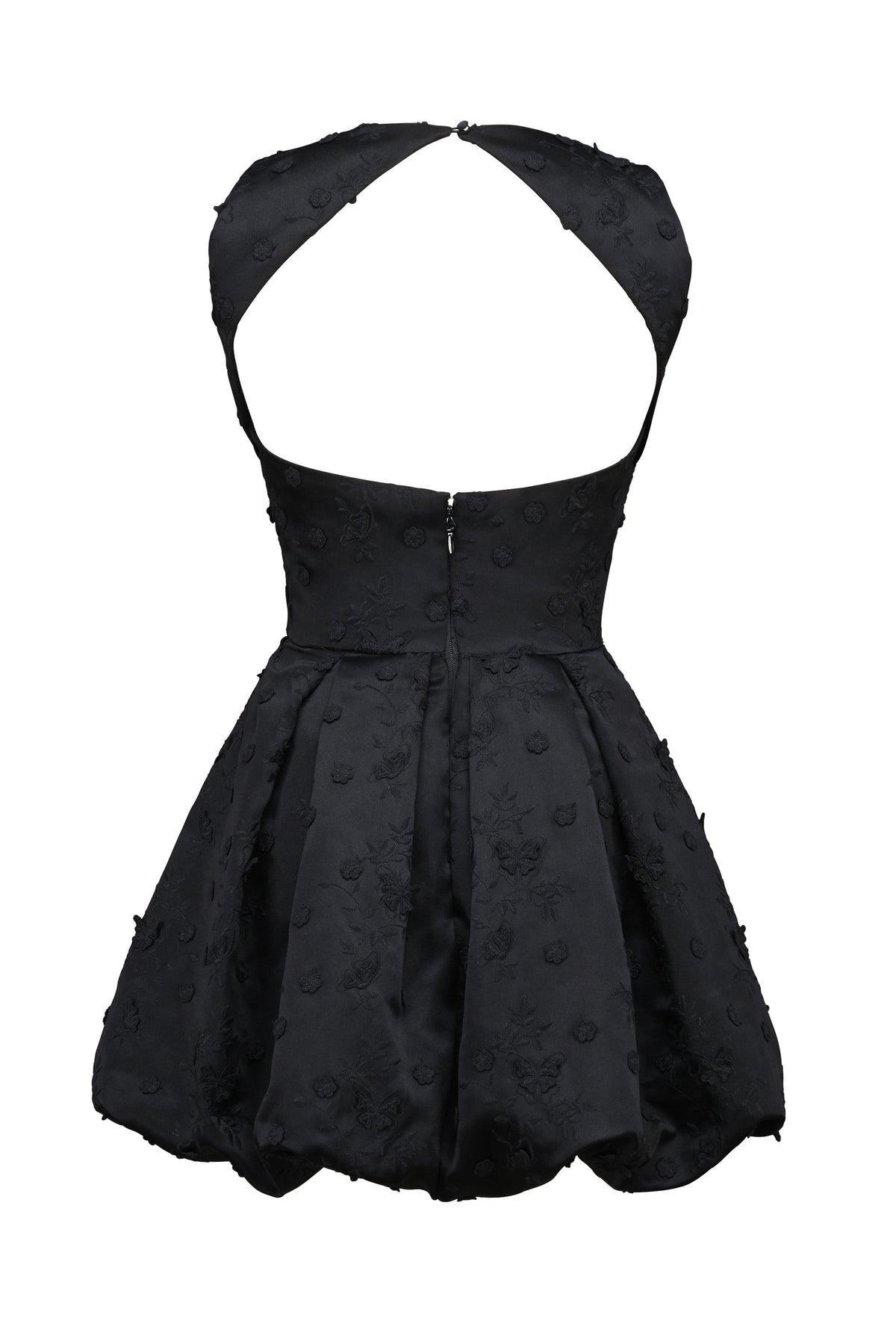black backless embroidered mini puffball dress