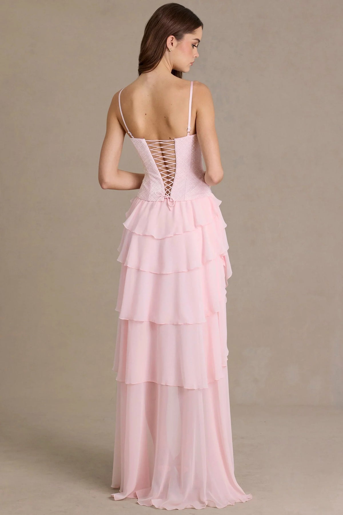 Embellished Cowl-Neck Corset Gown in Baby Pink