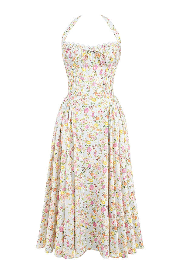 pale blue meadow print cotton halter sundress