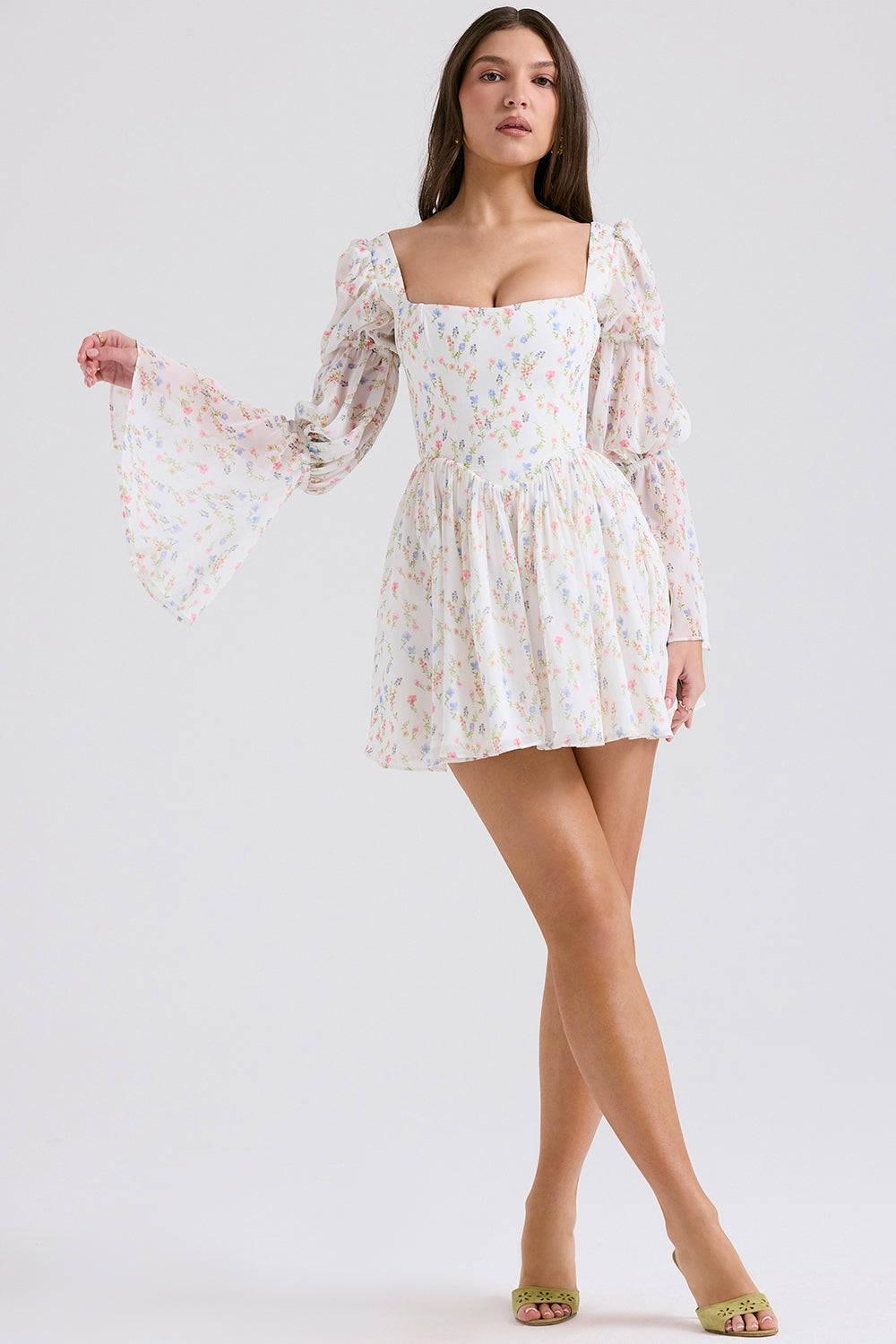 white posy print puff sleeve mini dress
