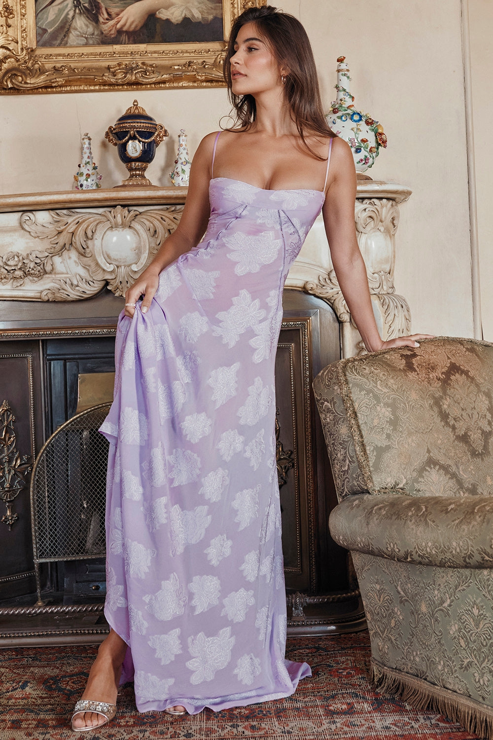 orchid floral lace back maxi dress
