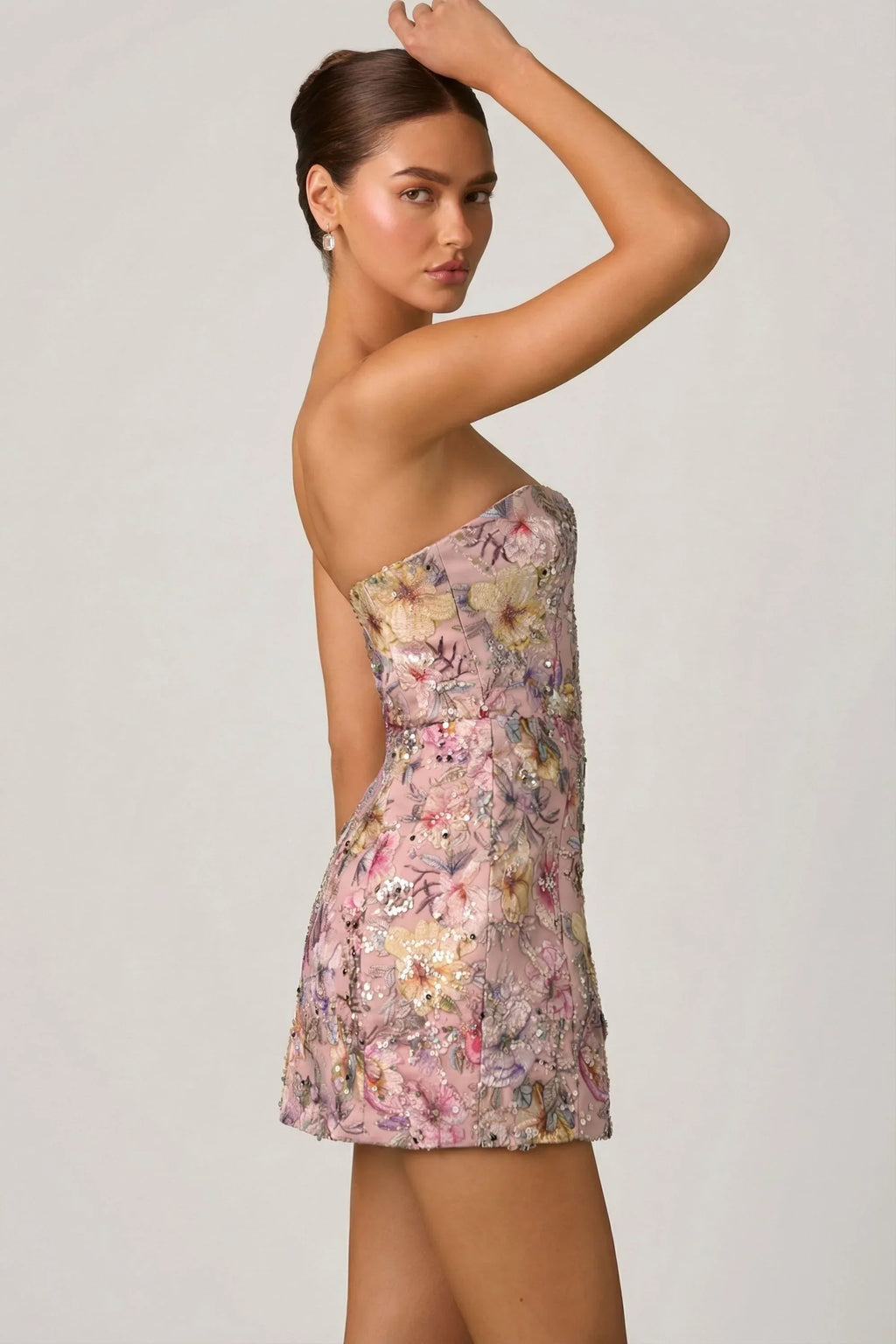 Embellished Convertible Lace-Up Gown in Floral Pink