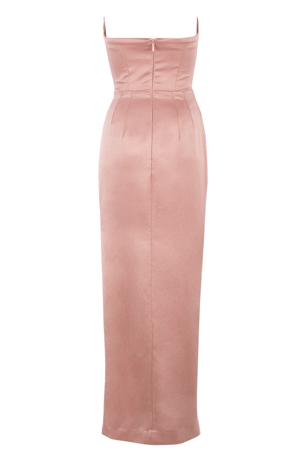 blush satin strapless gown