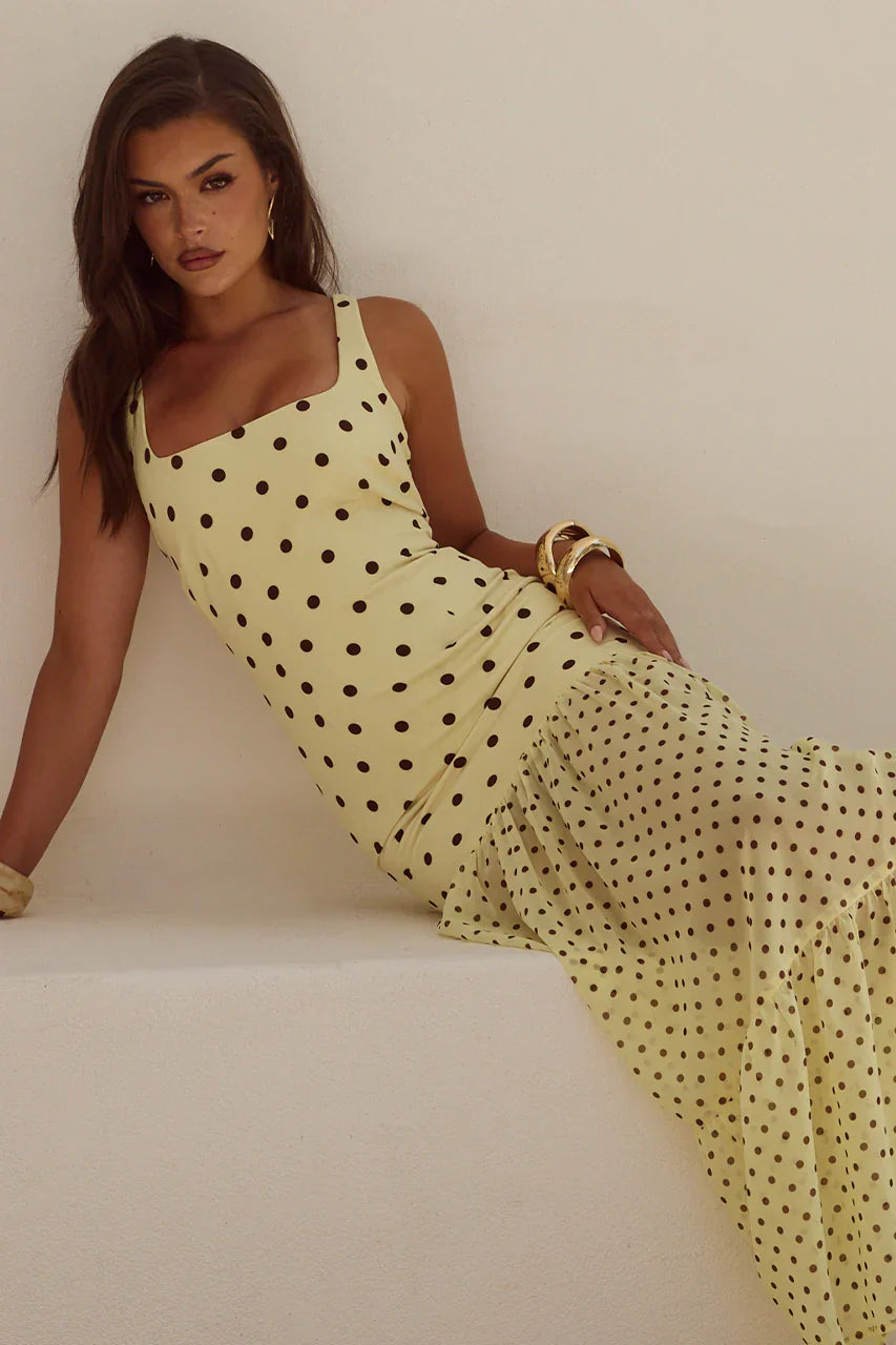 TILLIE SHEER BOTTOM MAXI DRESS - LEMON/CHOC POLKA