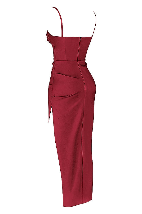 wine satin pleated corset midi dress