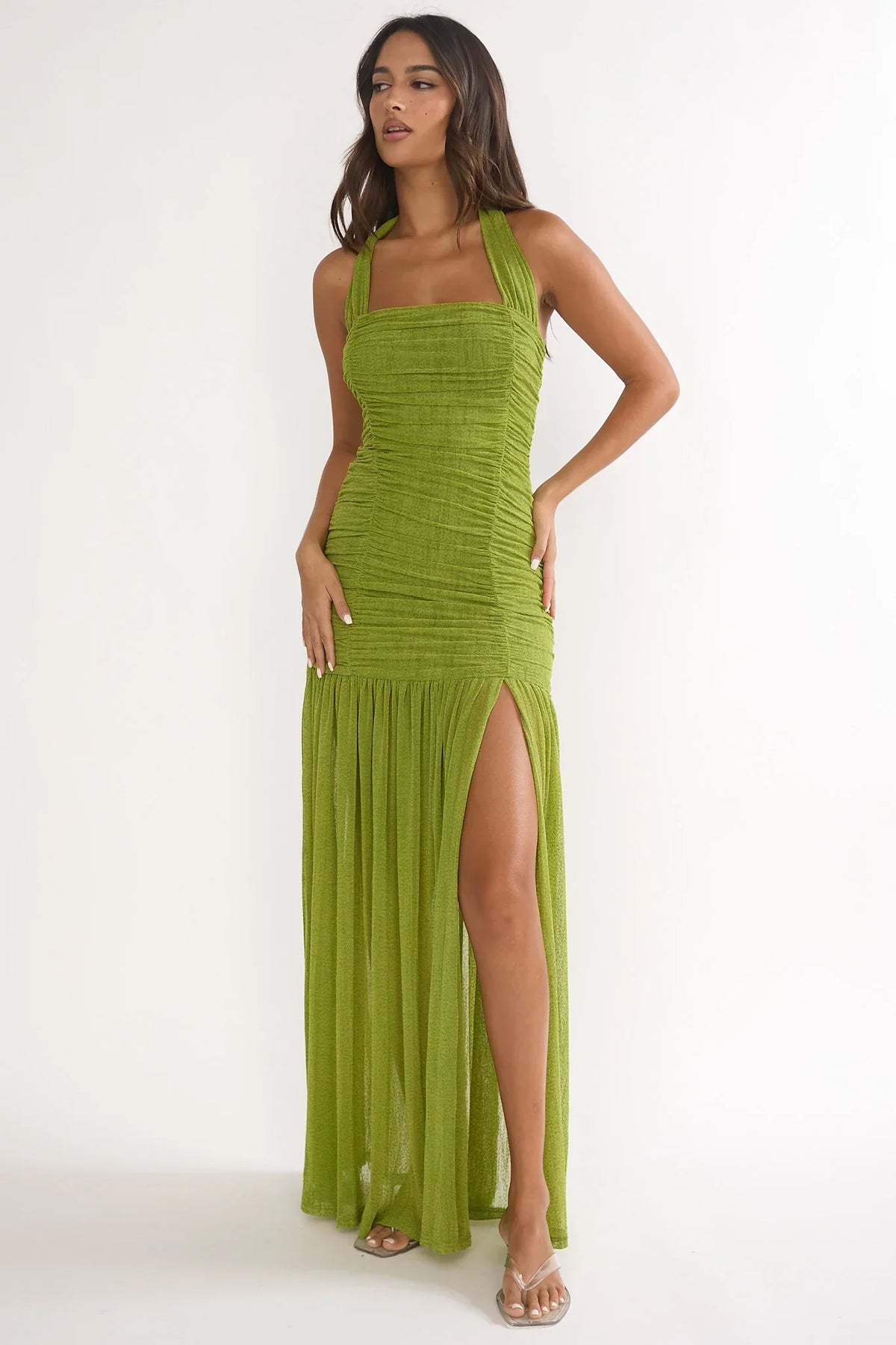 Galinda Ruched Bodice Halterneck Maxi Dress Olive