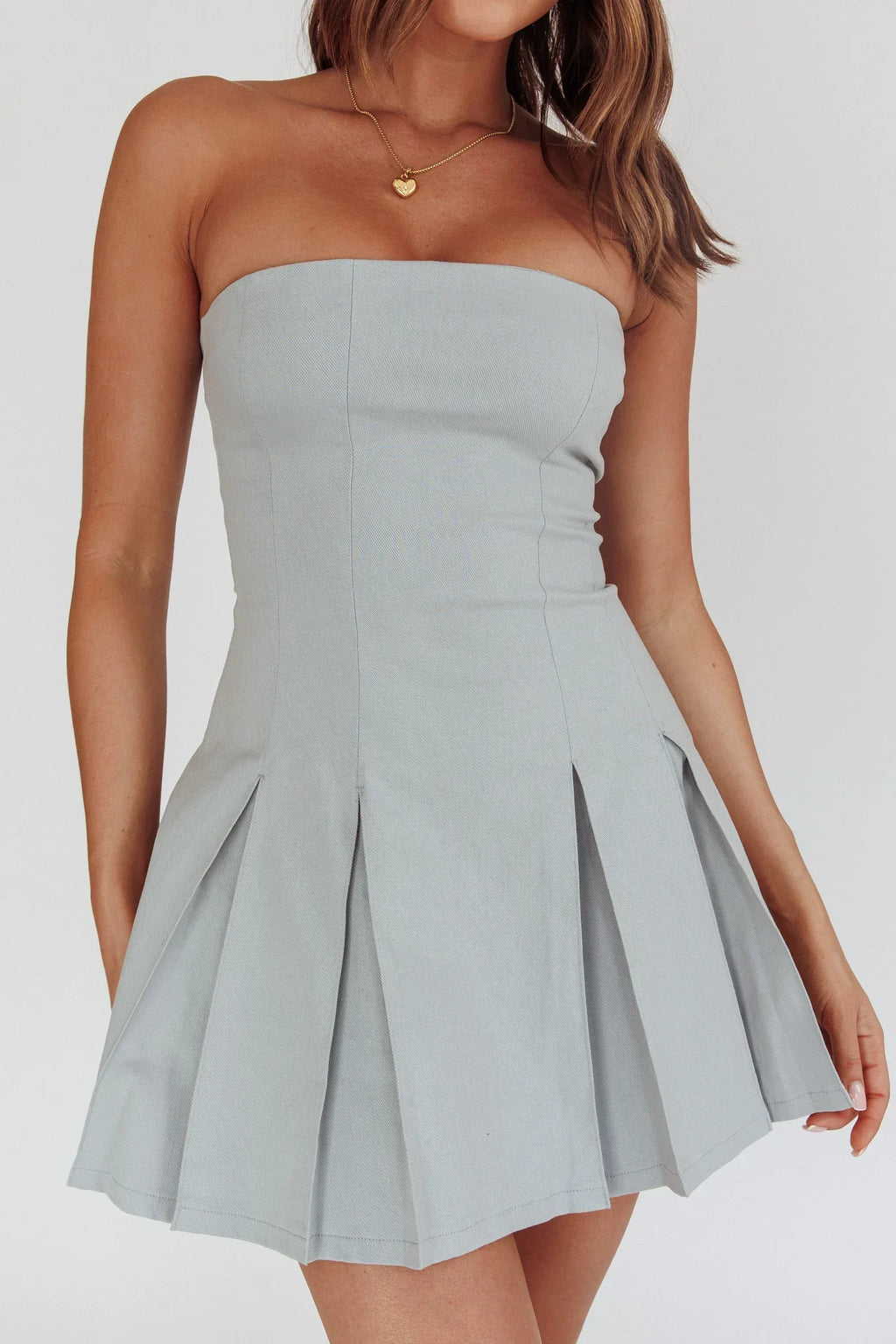 Jeziah Strapless Box Pleat Mini Dress Light Denim