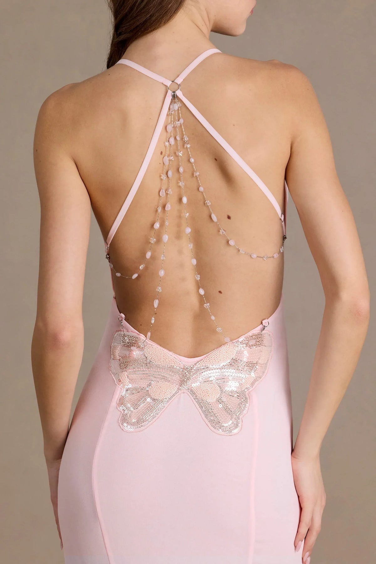Chiffon Cowl-Neck Open-Back Gown in Baby Pink