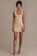 Embellished Open-Back Mini Dress in Gold