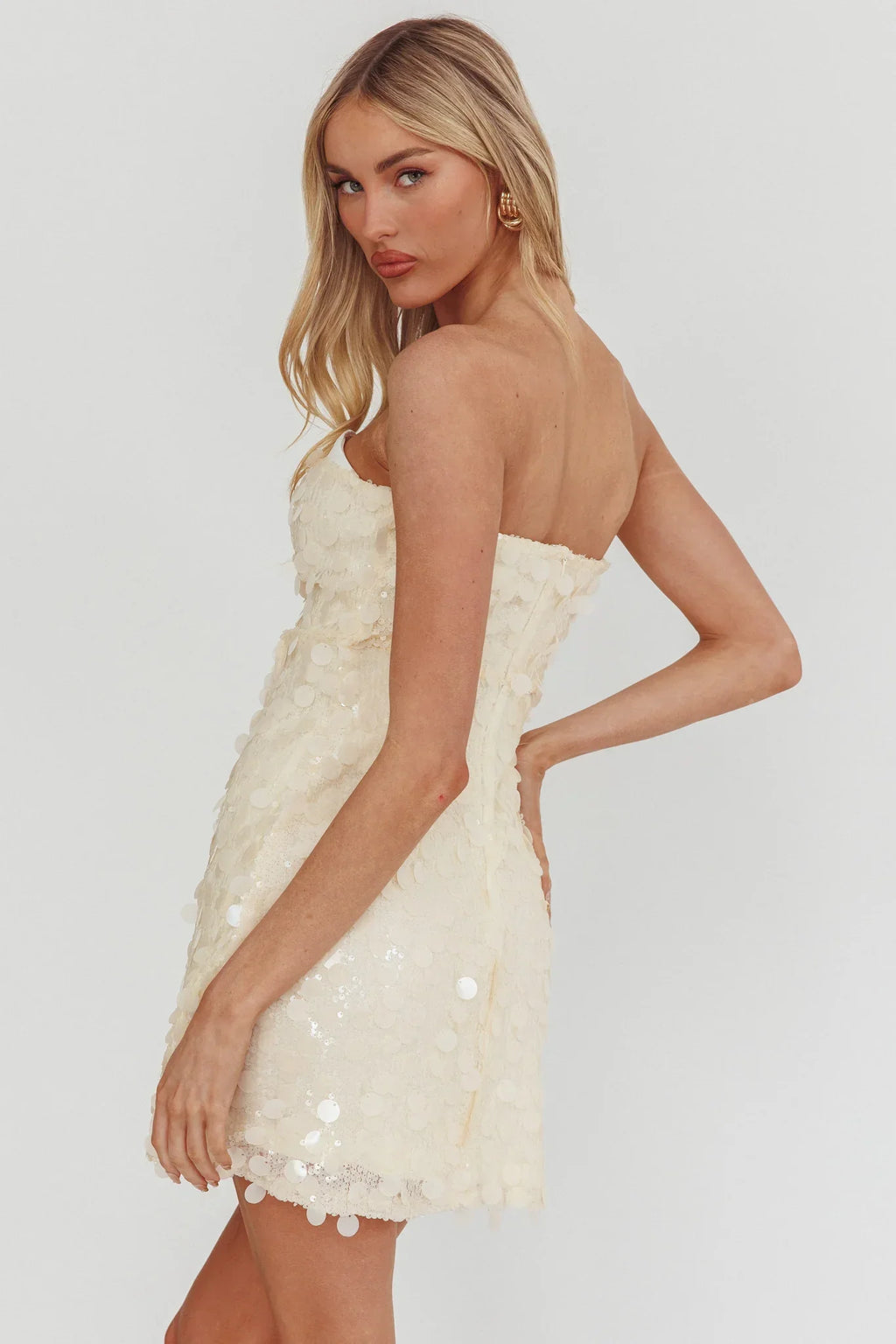 Hillara Strapless Mini Dress Sequin Cream