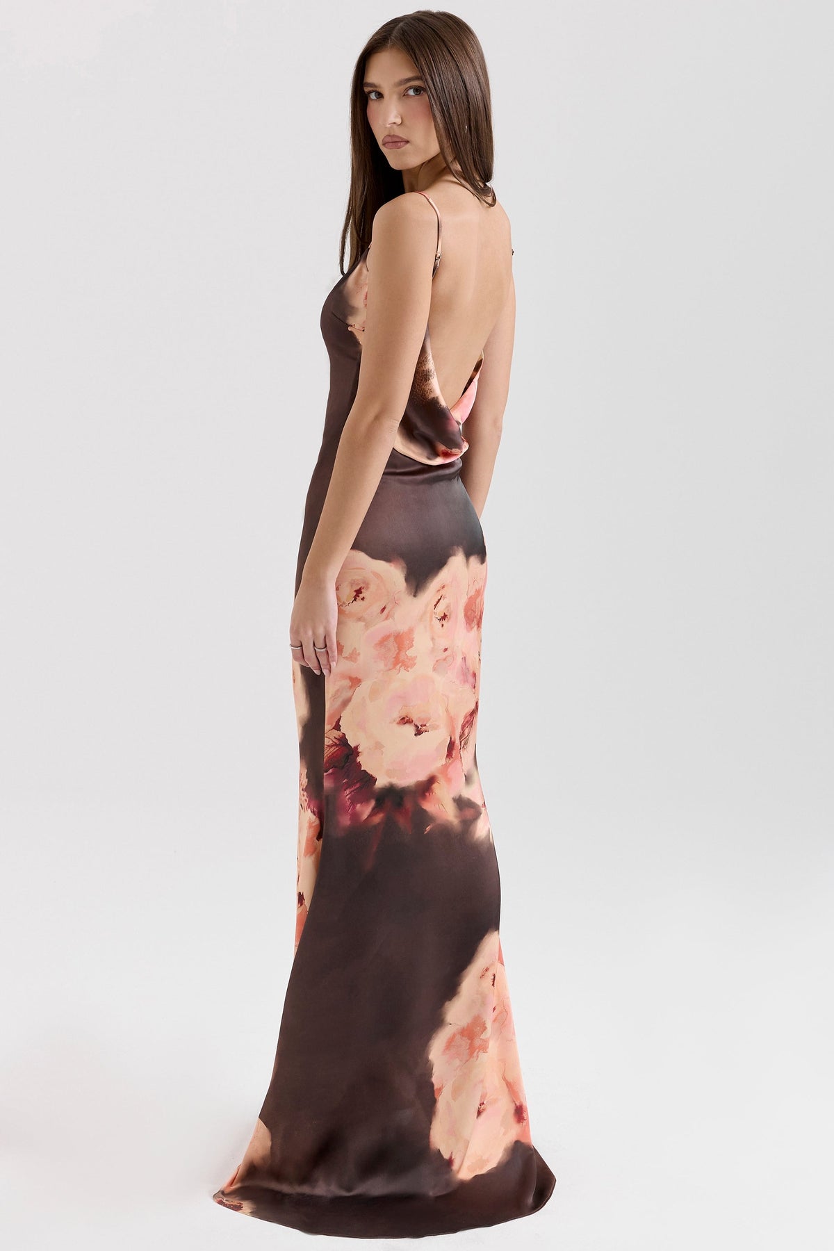 dark brown floral printed satin maxi dress
