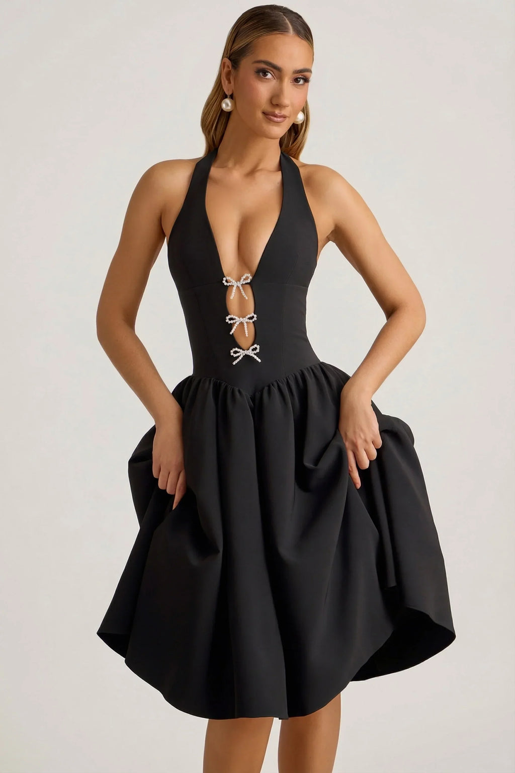 Halterneck Bow-Detail Midi Dress in Black