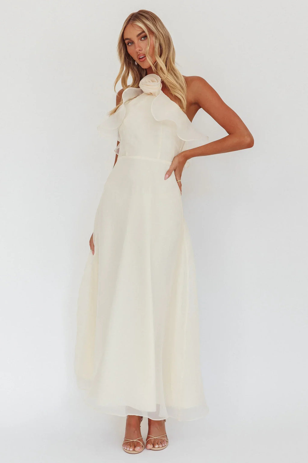 Cordially Invited Ruffle Neckline Rosette Maxi Vanilla