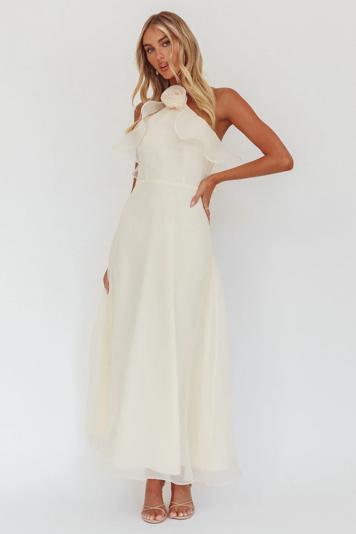 Cordially Invited Ruffle Neckline Rosette Maxi Vanilla