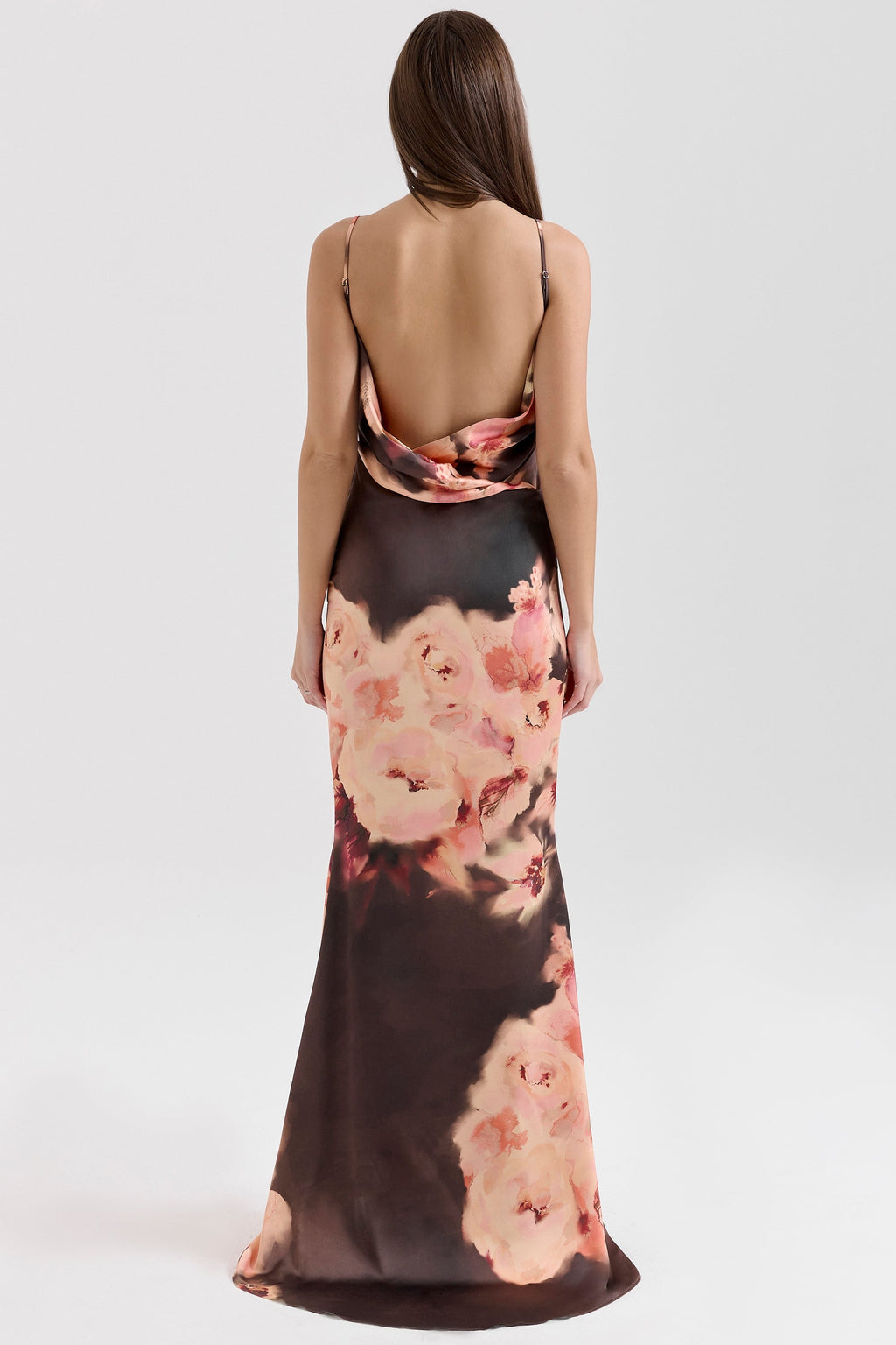 dark brown floral printed satin maxi dress