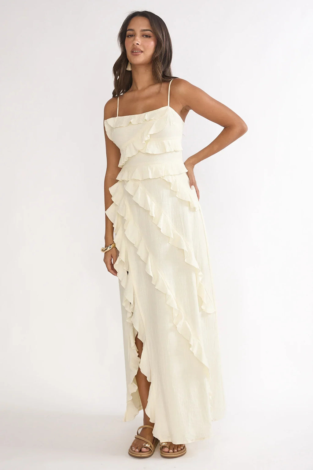 Arrabel Ruffle Split Maxi Dress Ivory