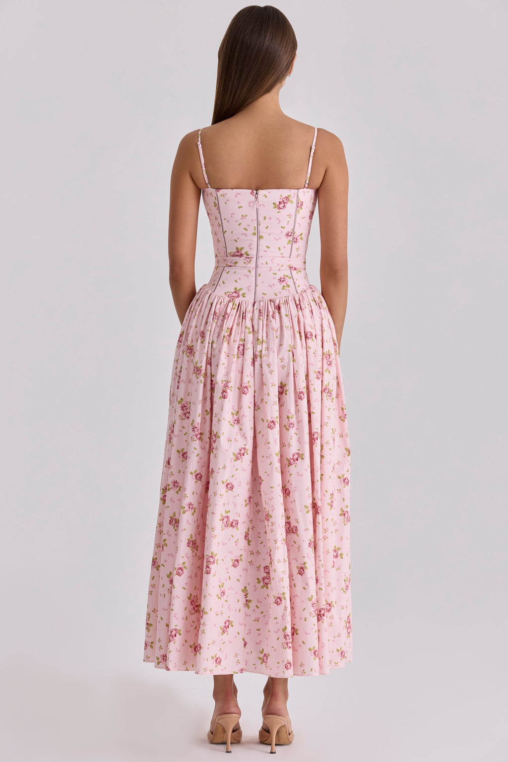 pink vintage rose print cotton midi sundress