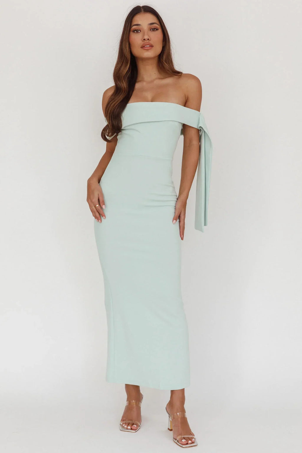 Aurora Sky Off-Shoulder Tie Maxi Dress Sage