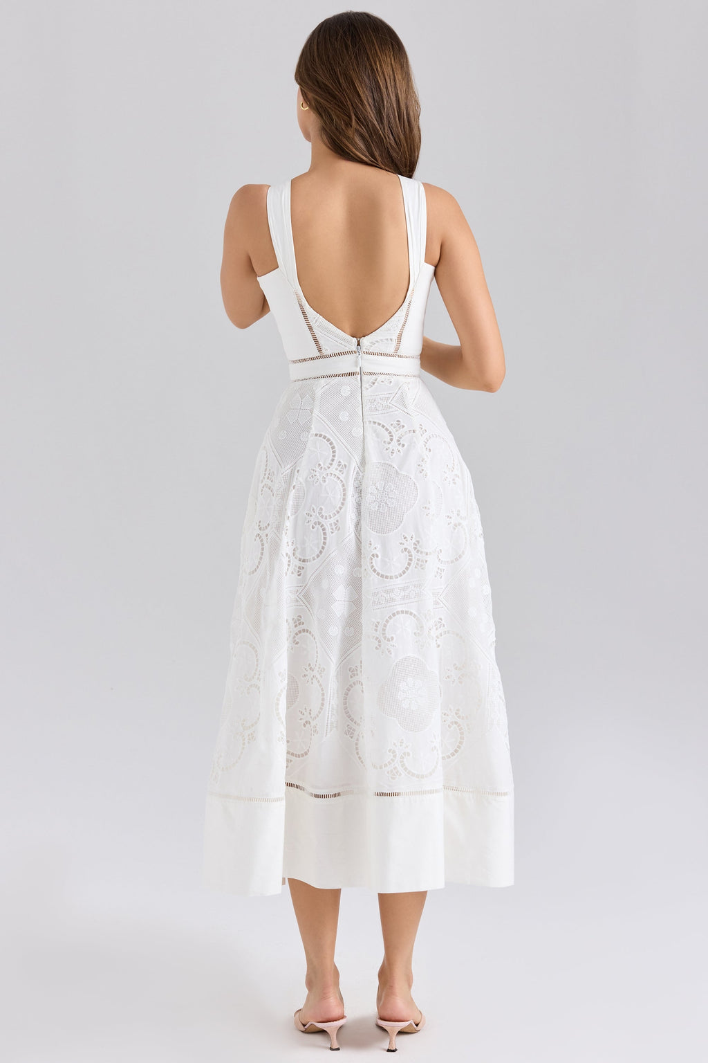 white stretch cotton broderie anglaise midi dress
