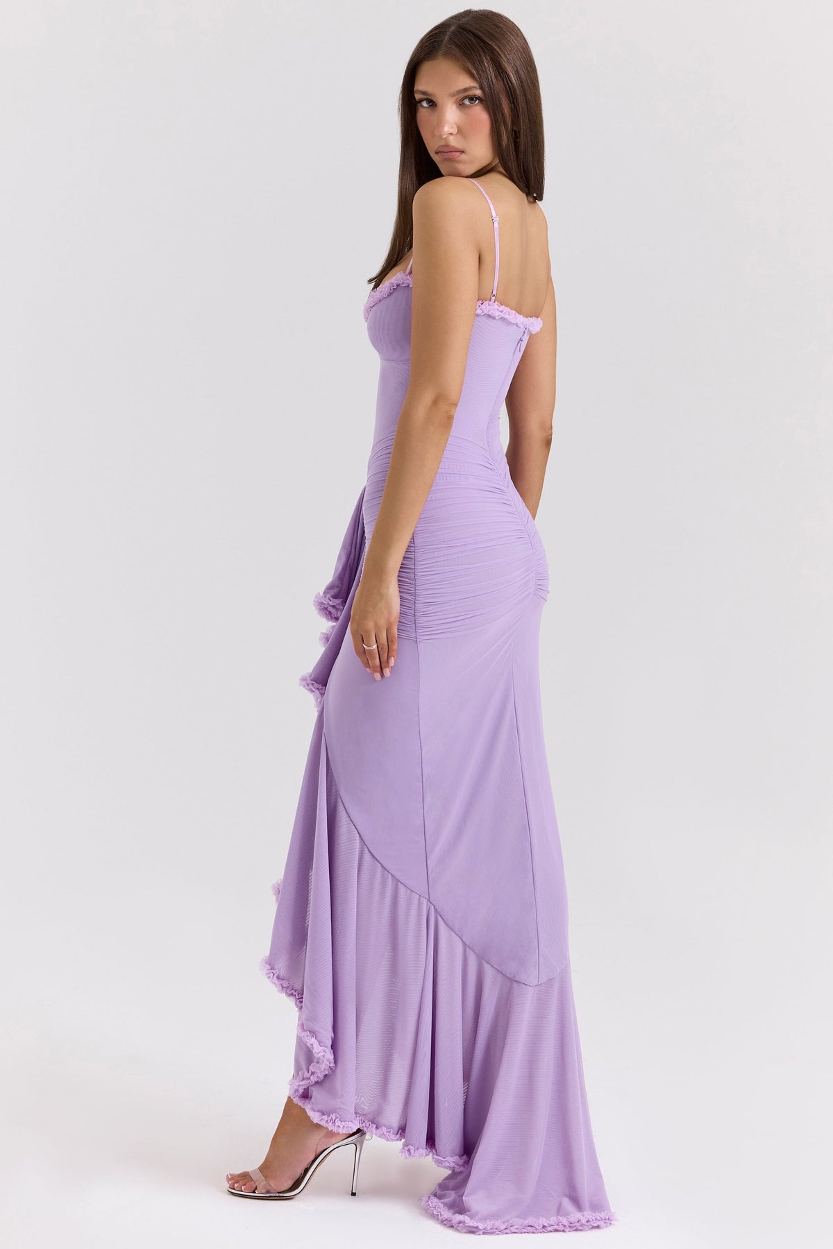 orchid mesh ruffled front gown