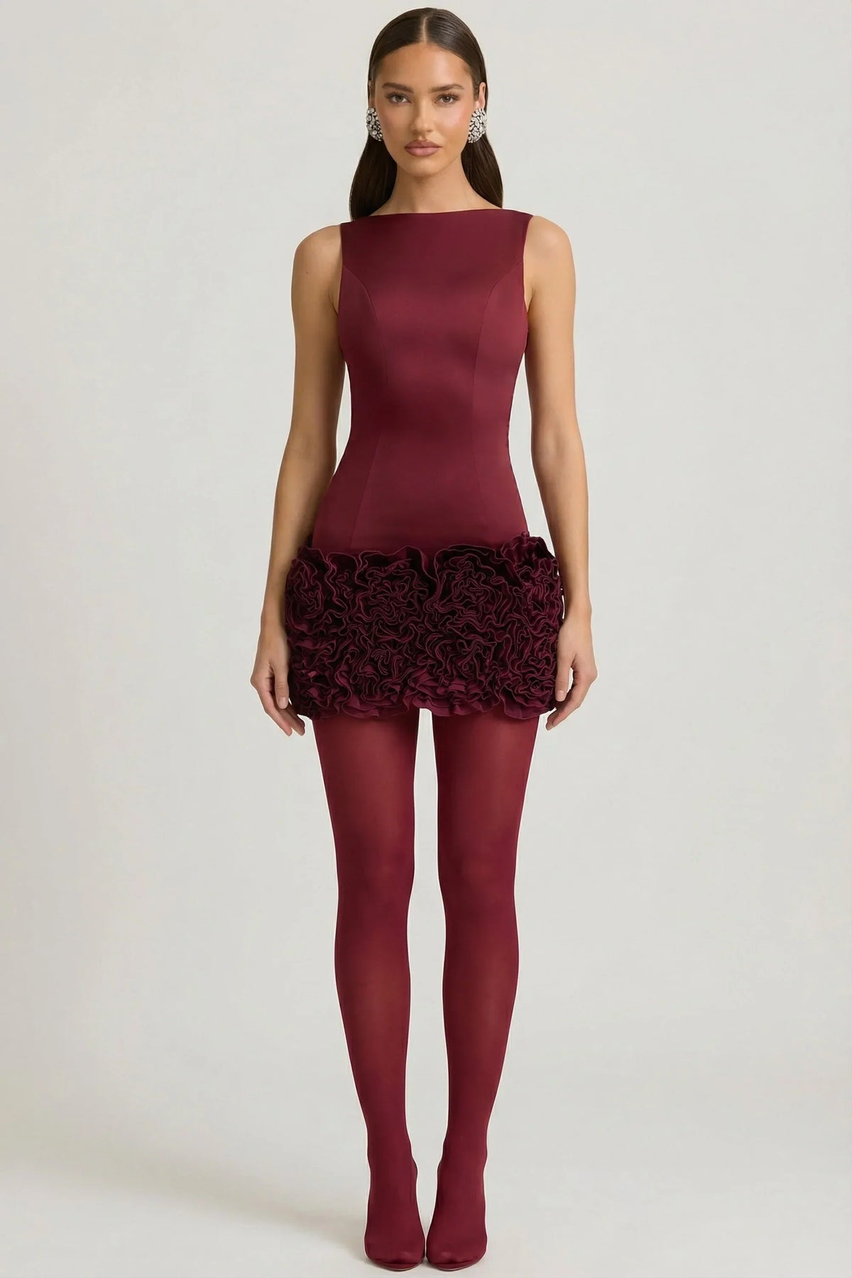 Satin Floral Appliqué Open-Back Mini Dress in Wine Red