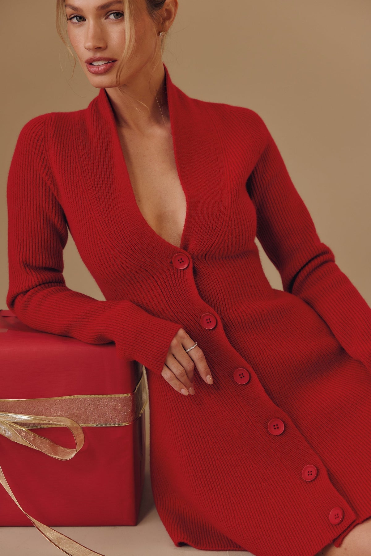 red pure new wool cardigan mini dress