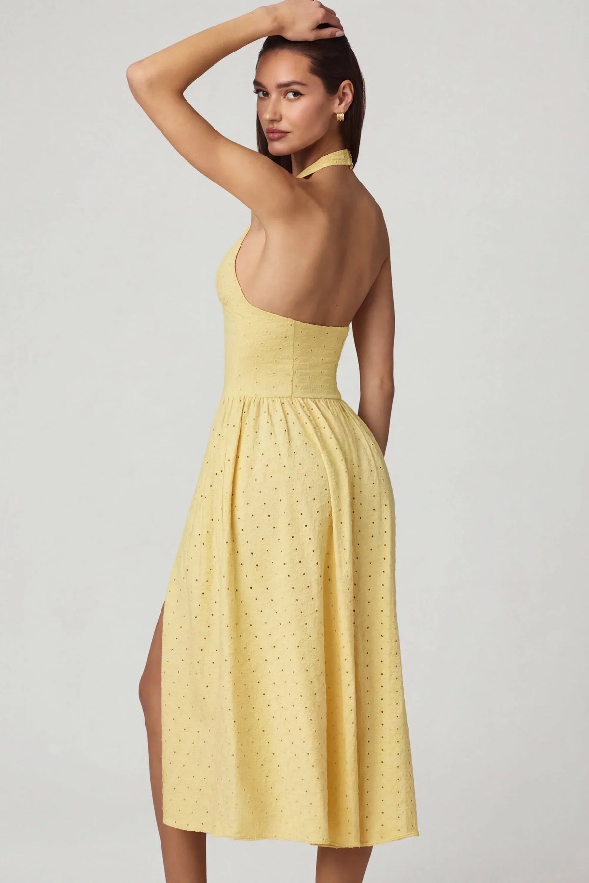 Modal Broderie Anglaise Halterneck Midaxi Dress in Lemon Yellow