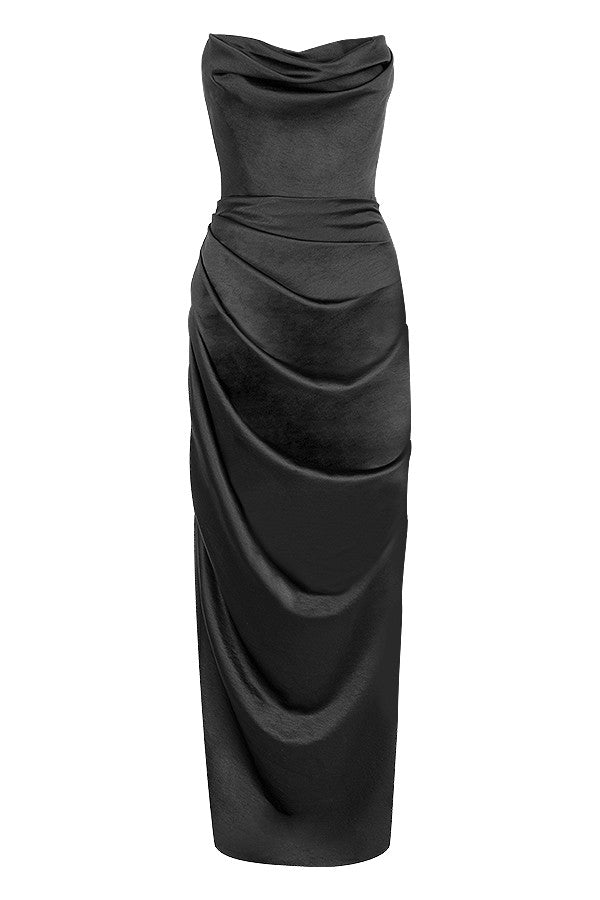 black satin strapless corset maxi