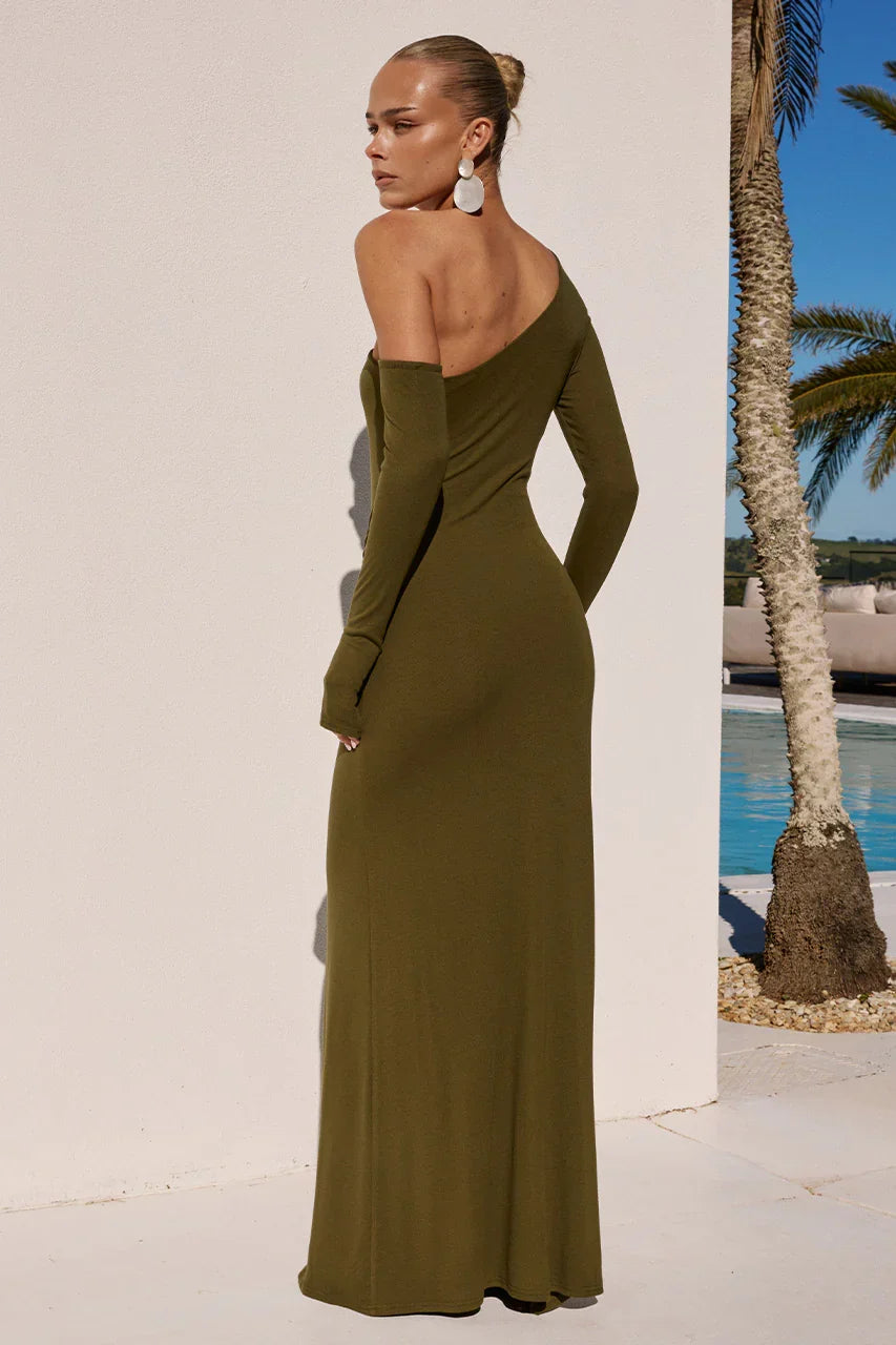BIANCA ONE SHOULDER MAXI DRESS - ARMY GREEN