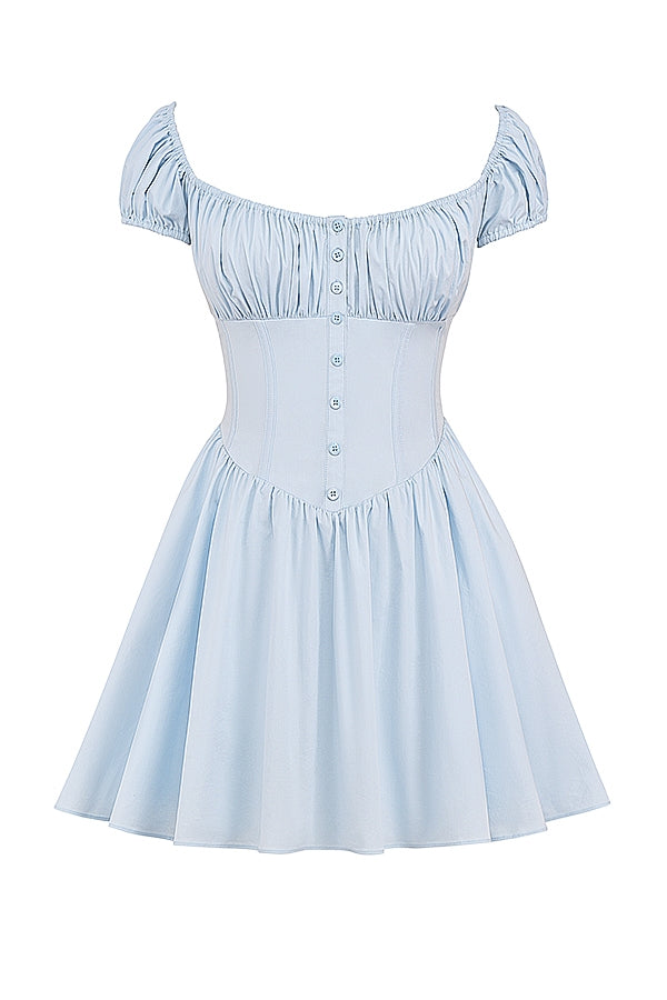 soft blue cotton gathered mini dress